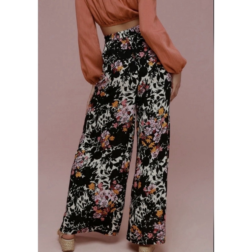 Free People Intimately Late Night Floral Wide Leg Pants Black Rayon | Sz L NWT - Picture 2 of 6